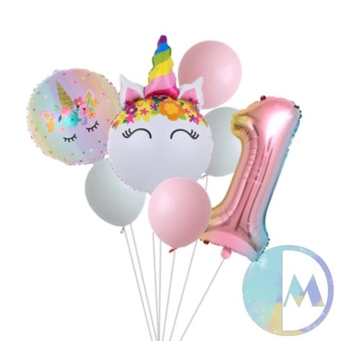 7 darabos unikornisos születésnapi fólia lufi szett hatalmas 1-es számmal