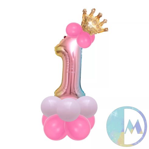 14 darabos arany koronás, 1-es számmal álló fólia lufi szett