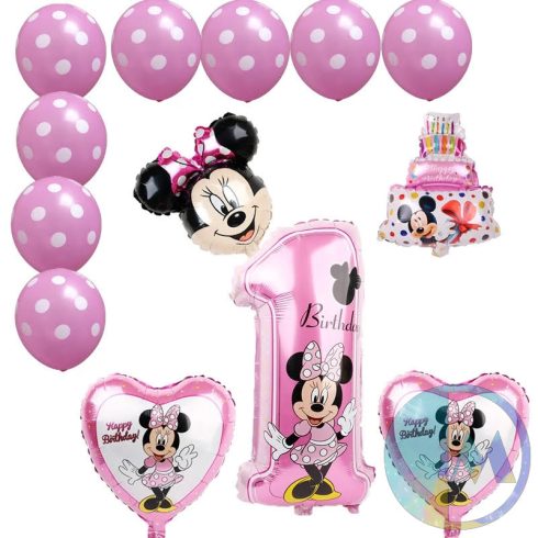 13 darabos 1 éves Minnies rózsaszín fólia lufi szett