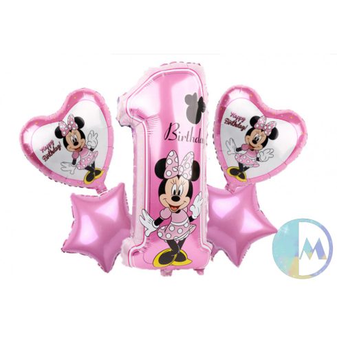 5 darabos 1-es éves rózsaszín Minnie fólia lufi szett