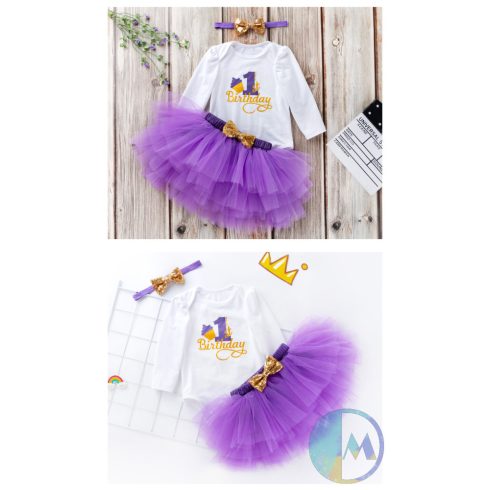 Többféle színű, hosszú ujjú 1 éves születésnapi szett muffin formával - 3 részes