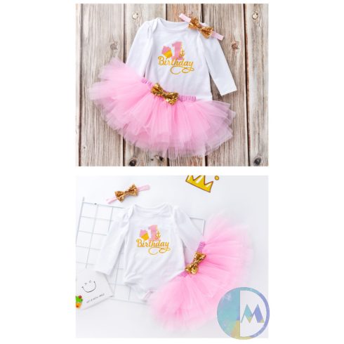 Többféle színű, hosszú ujjú 1 éves születésnapi szett muffin formával - 3 részes