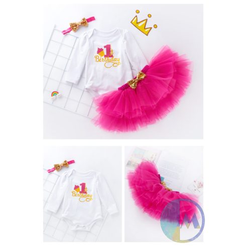 Többféle színű, hosszú ujjú 1 éves születésnapi szett muffin formával - 3 részes