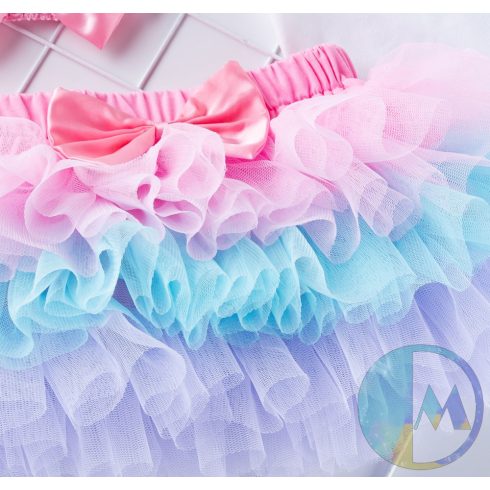 Koronás, pöttyös 1 számmal díszített body, több színű tüll szoknyából álló 3 részes születésnapi szett